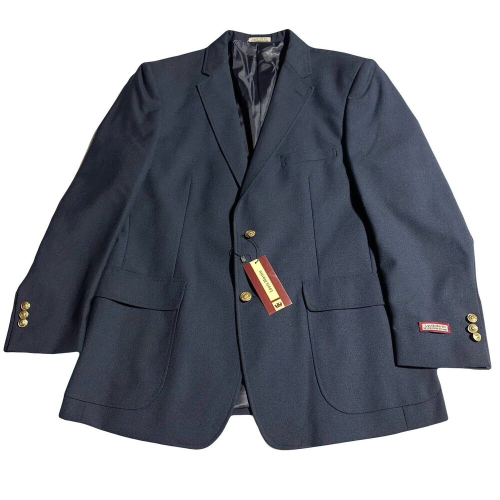 Louis Martin Blazer Mens 42 R Navy Blue Gold 2 Buttons Wool Blend Washable NWT